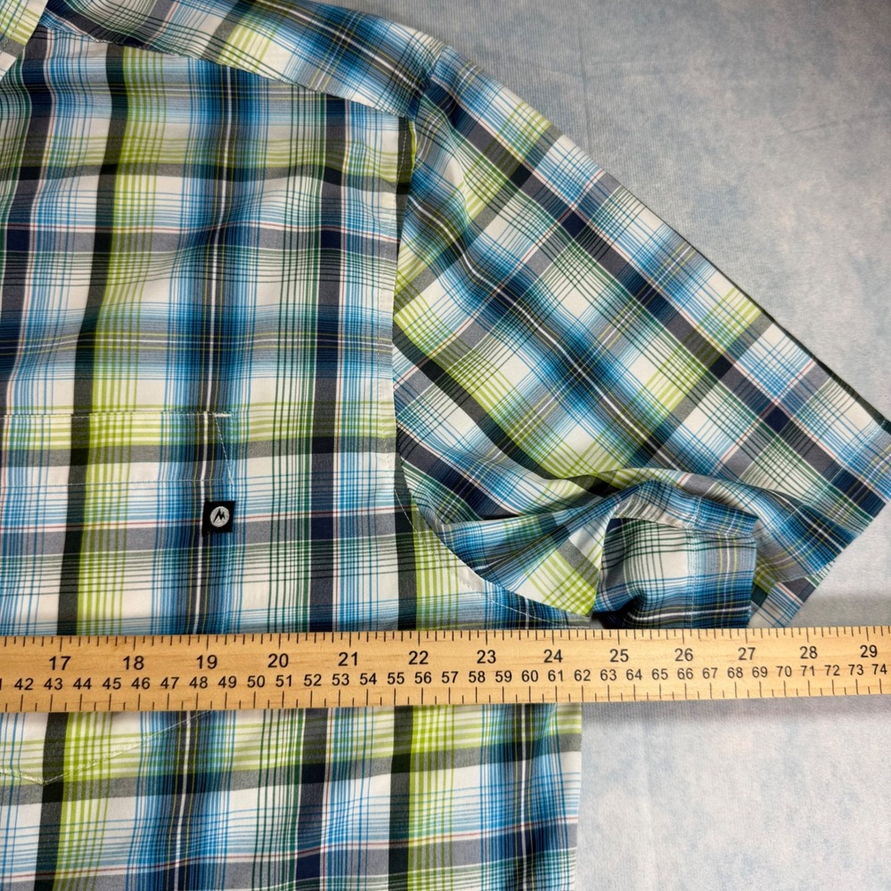 Marmot Button Down Shirt Mens XL Blue Green Excellent Plaid Short Sleeve SCC-363 - Picture 9 of 10